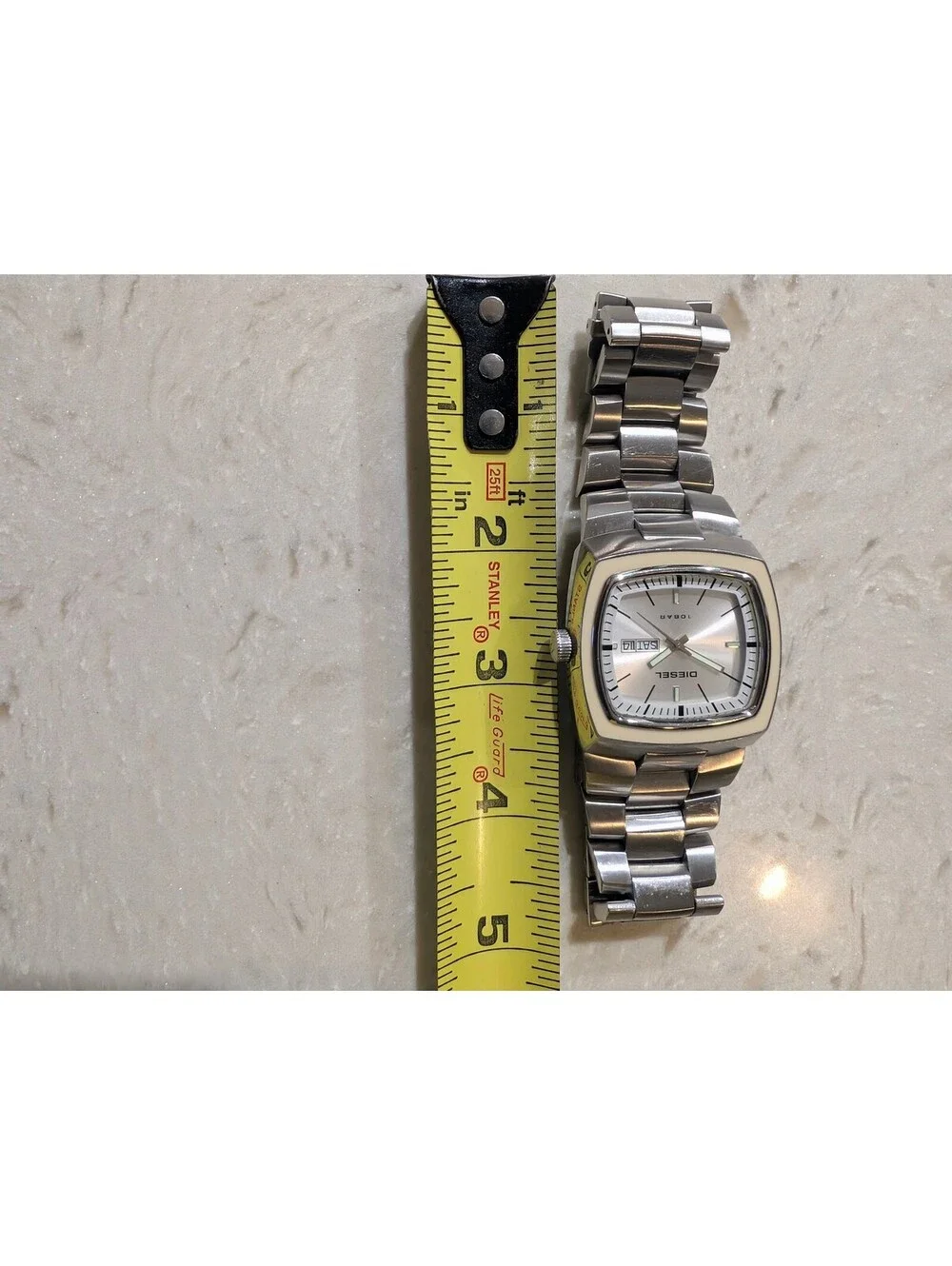 Diesel Men's Silver Stainless Steel Square Watch Day Date 10 BAR Cream Bezel